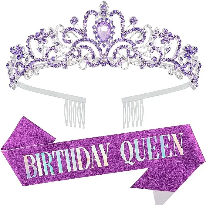 Birthday Queen Crown Headband with Ribbon & Combs