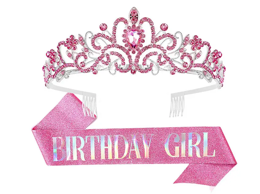 Birthday Queen Crown Headband with Ribbon & Combs