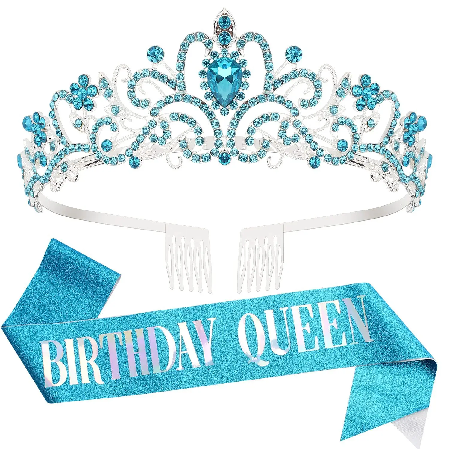 Birthday Queen Crown Headband with Ribbon & Combs