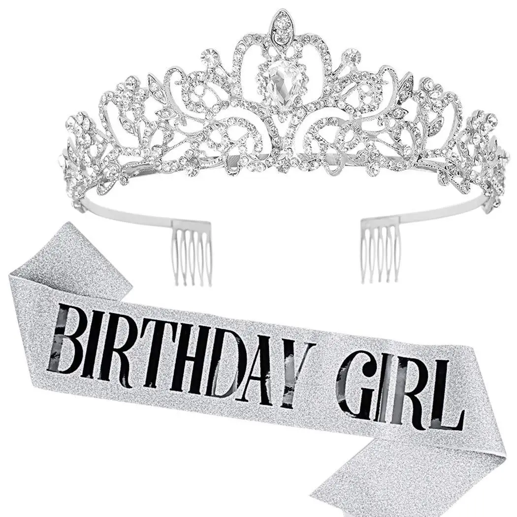 Birthday Queen Crown Headband with Ribbon & Combs