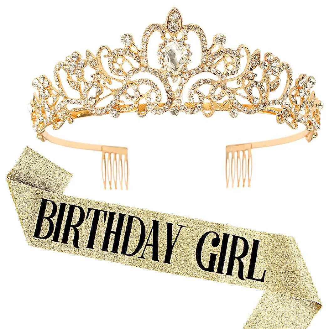 Birthday Queen Crown Headband with Ribbon & Combs