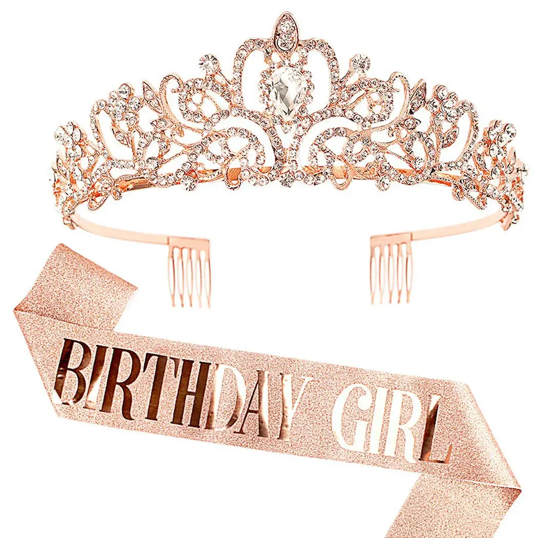 Birthday Queen Crown Headband with Ribbon & Combs