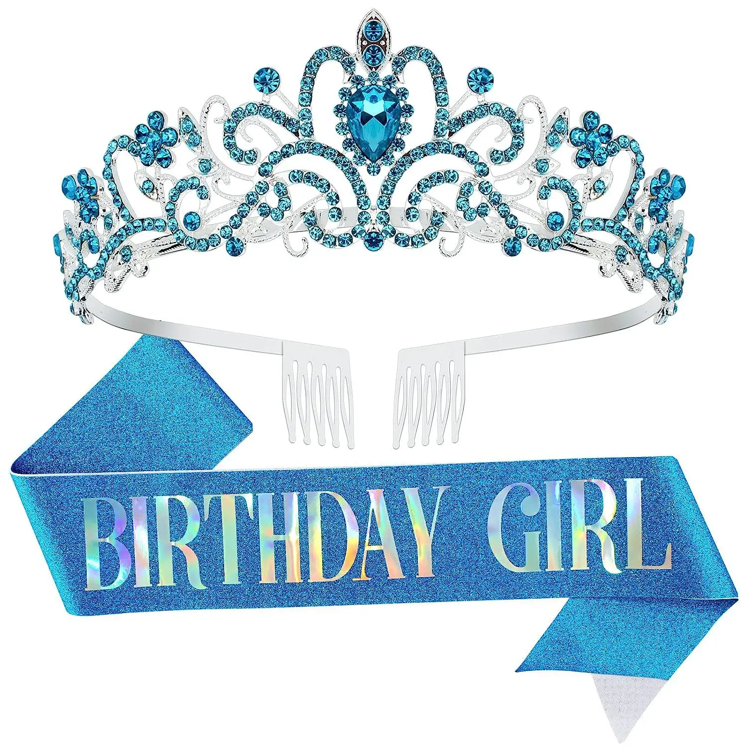 Birthday Queen Crown Headband with Ribbon & Combs