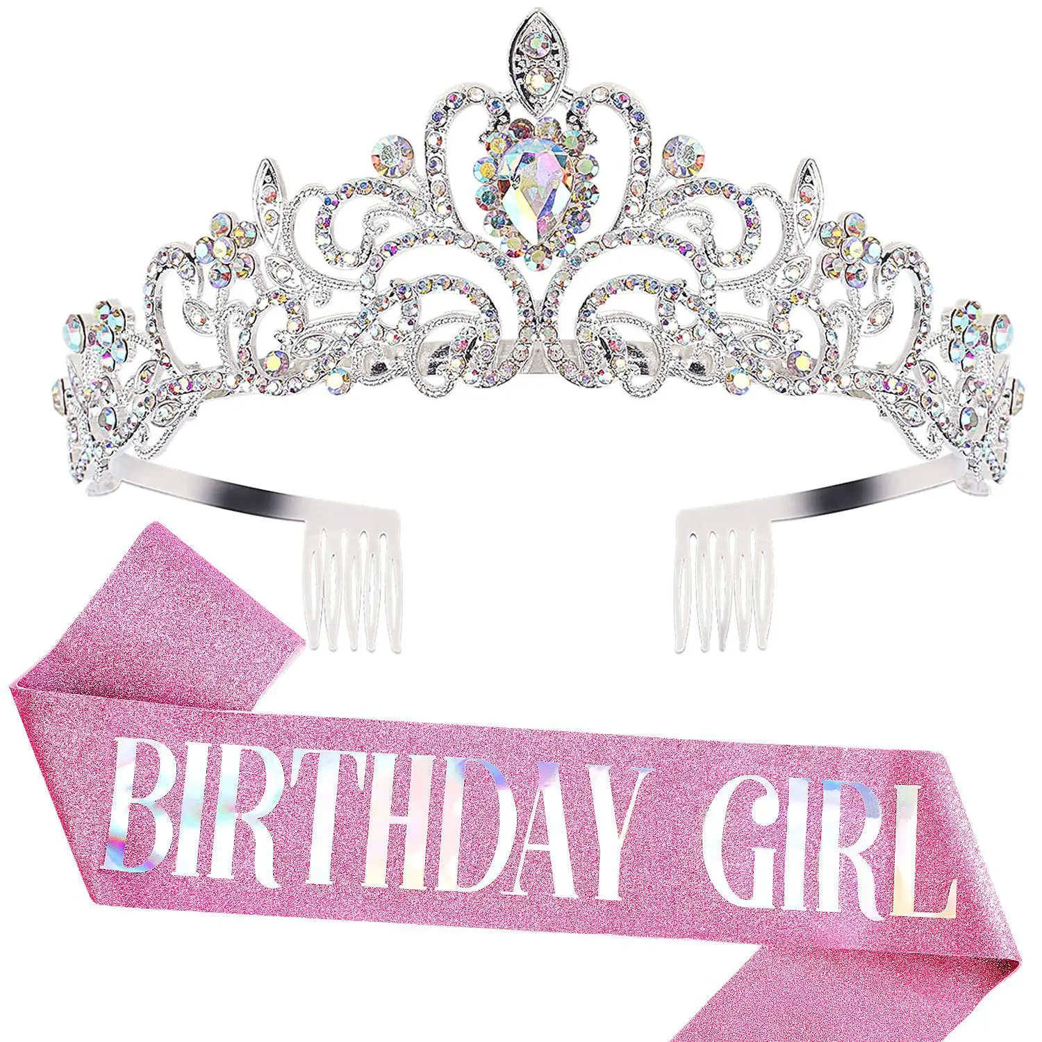 Birthday Queen Crown Headband with Ribbon & Combs