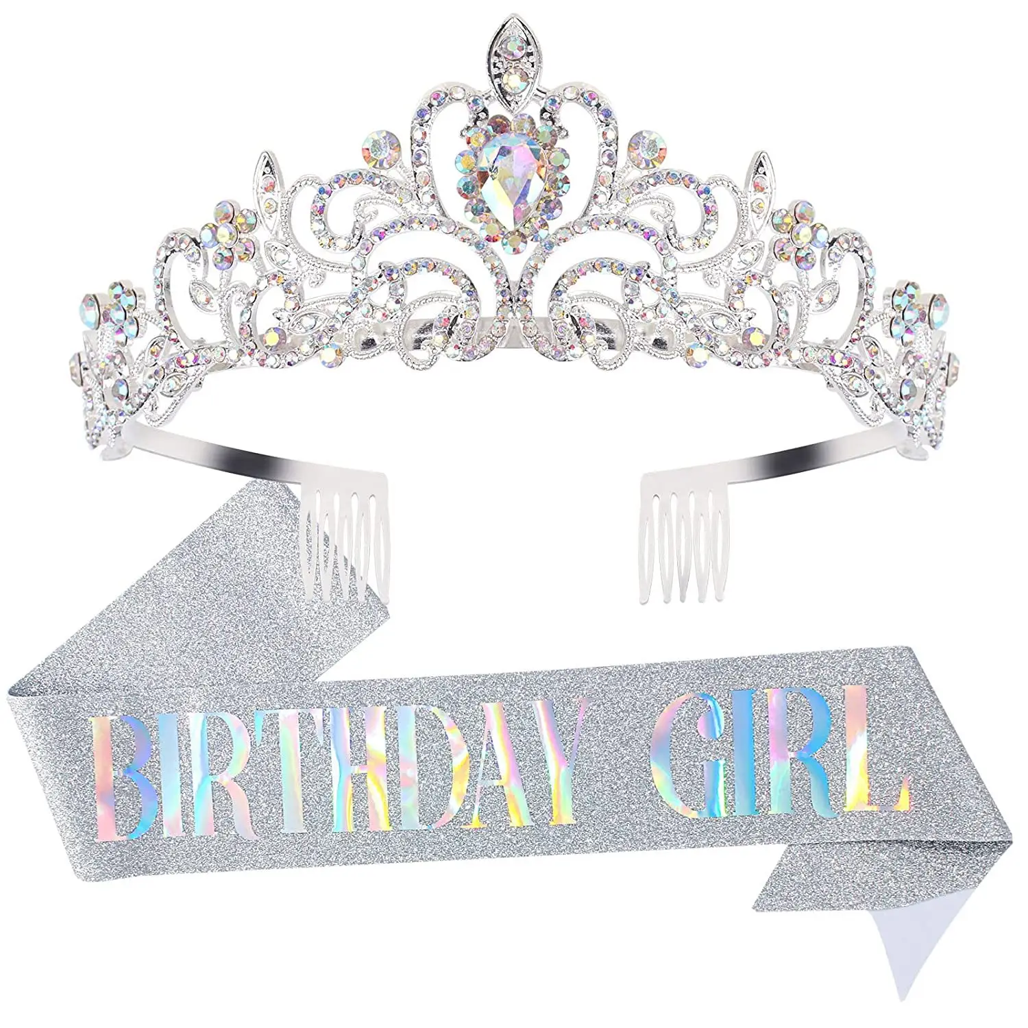 Birthday Queen Crown Headband with Ribbon & Combs