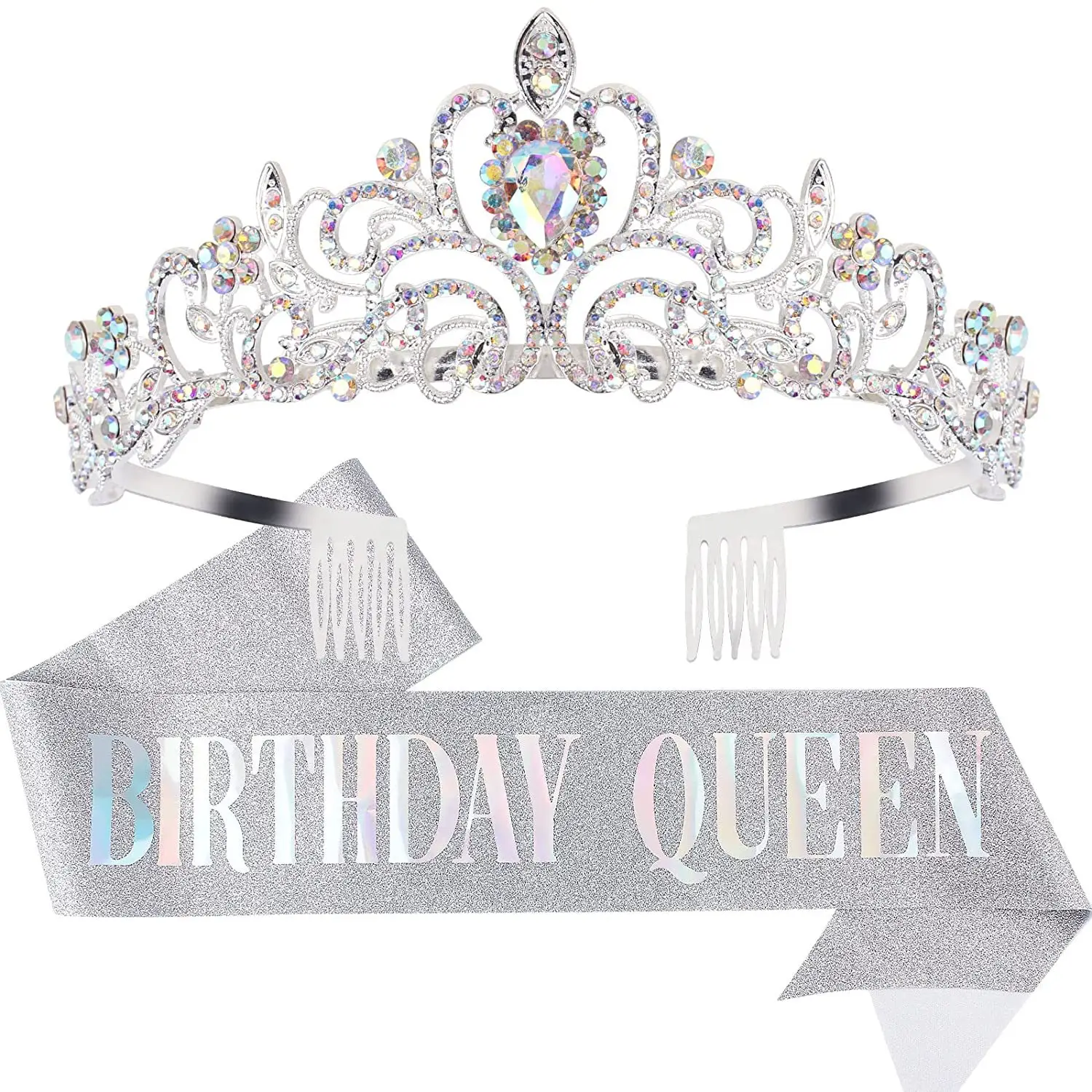 Birthday Queen Crown Headband with Ribbon & Combs