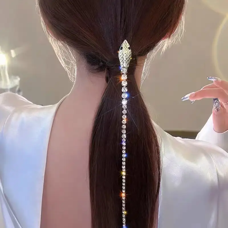 Super Long Tassel Hairpin with Flash Diamond Snake Design
