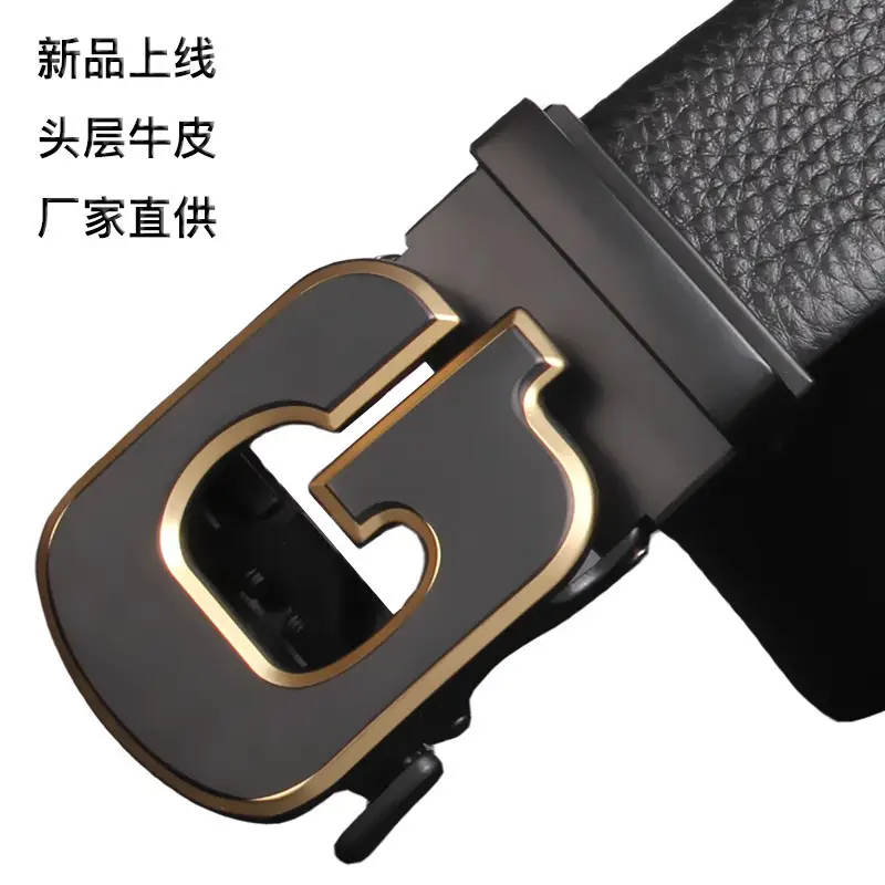 Men's Black Leather Belt with Gold Buckle - Image 3