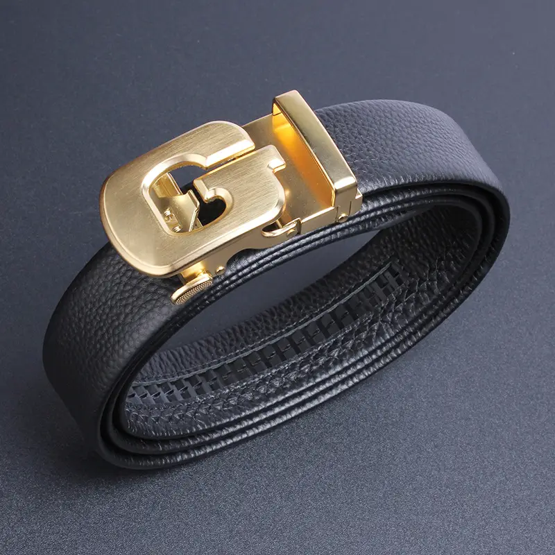 Men's Black Leather Belt with Gold Buckle - Image 5