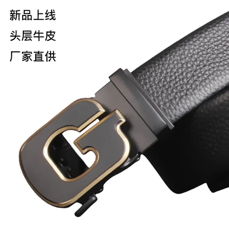 Men's Black Leather Belt with Gold Buckle — feature 2