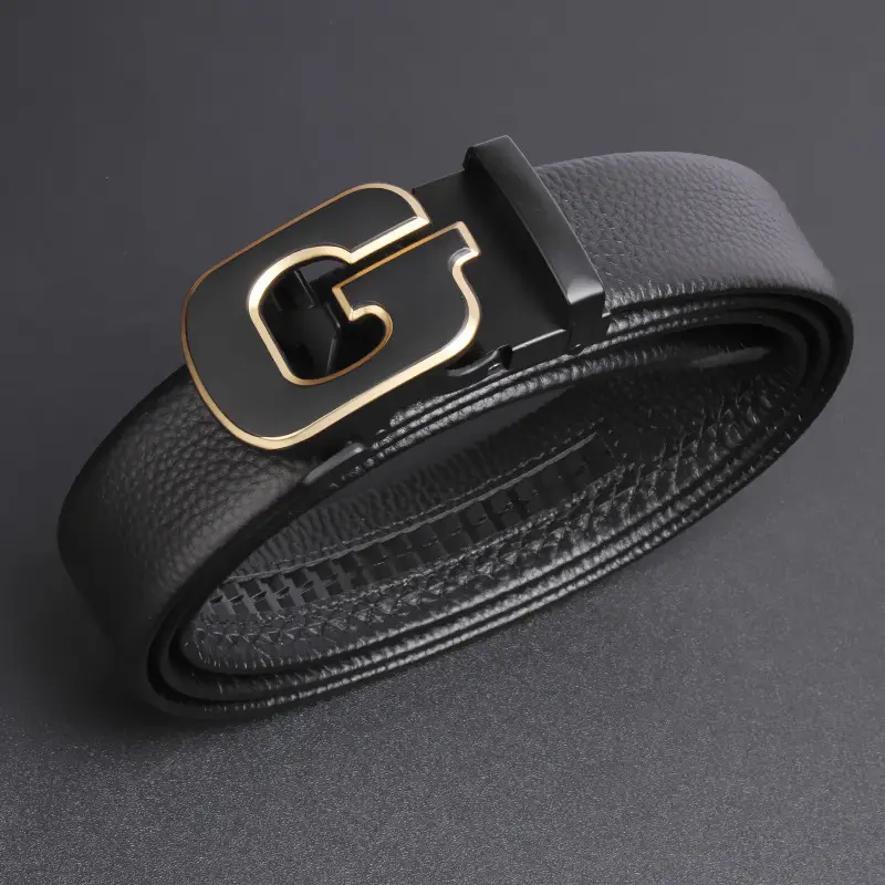 Men's Black Leather Belt with Gold Buckle — feature 4