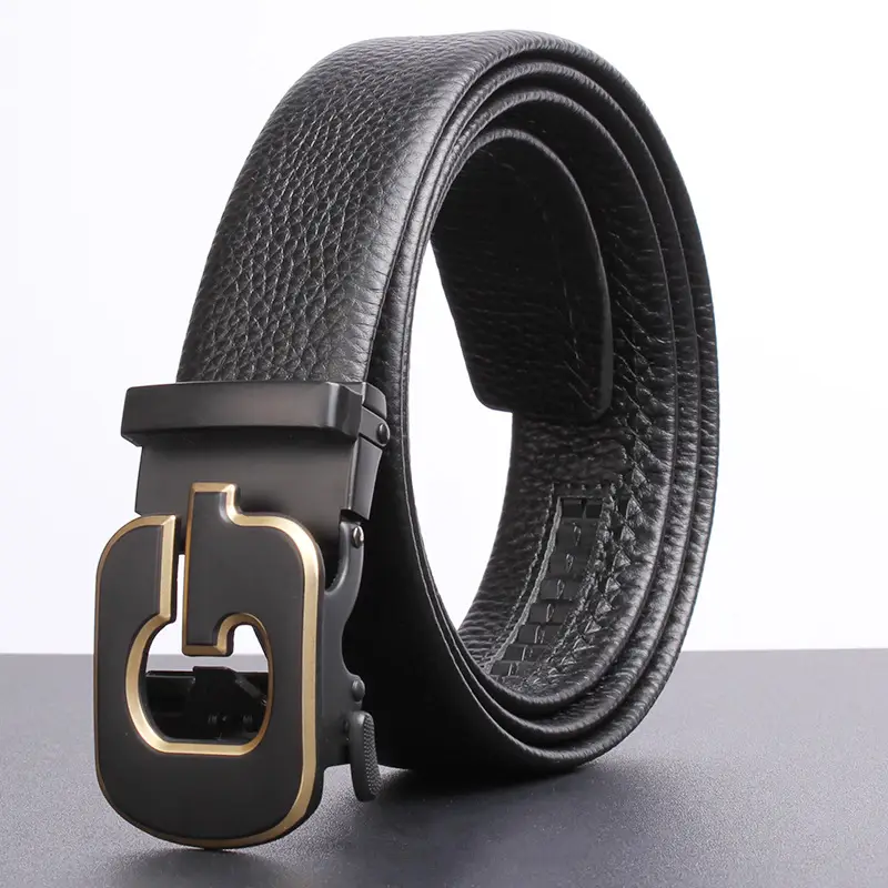 Men's Black Leather Belt with Gold Buckle — feature 7