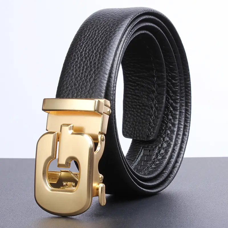 Men's Black Leather Belt with Gold Buckle — feature 8