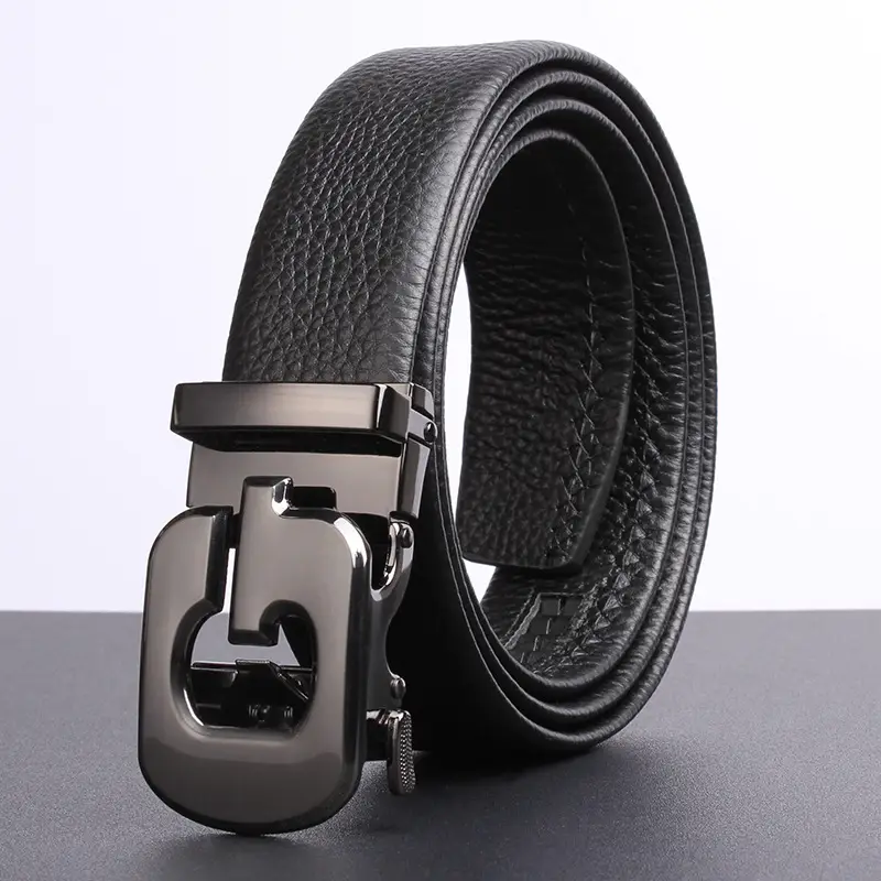 Men's Black Leather Belt with Gold Buckle — feature 9