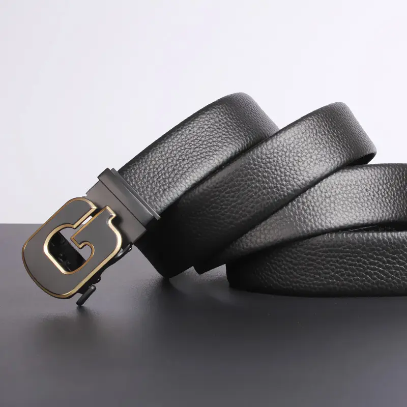 Men's Black Leather Belt with Gold Buckle - Image 2