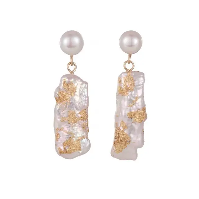 Long Pearl Earrings Gold Foil Silver Pin Elegant Women - Image 5