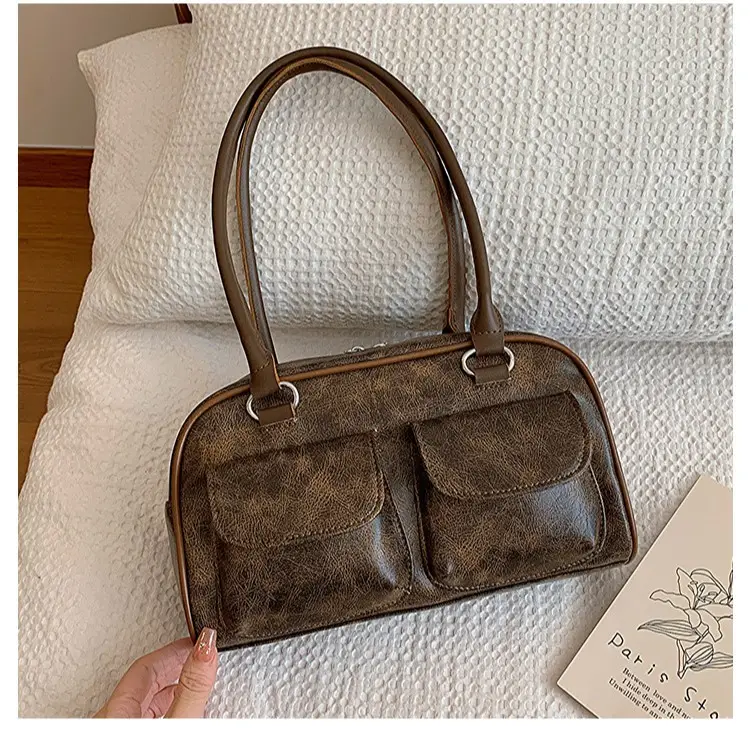 Women's 2-Pocket Shoulder Bag Brown Suede British Style - Image 3