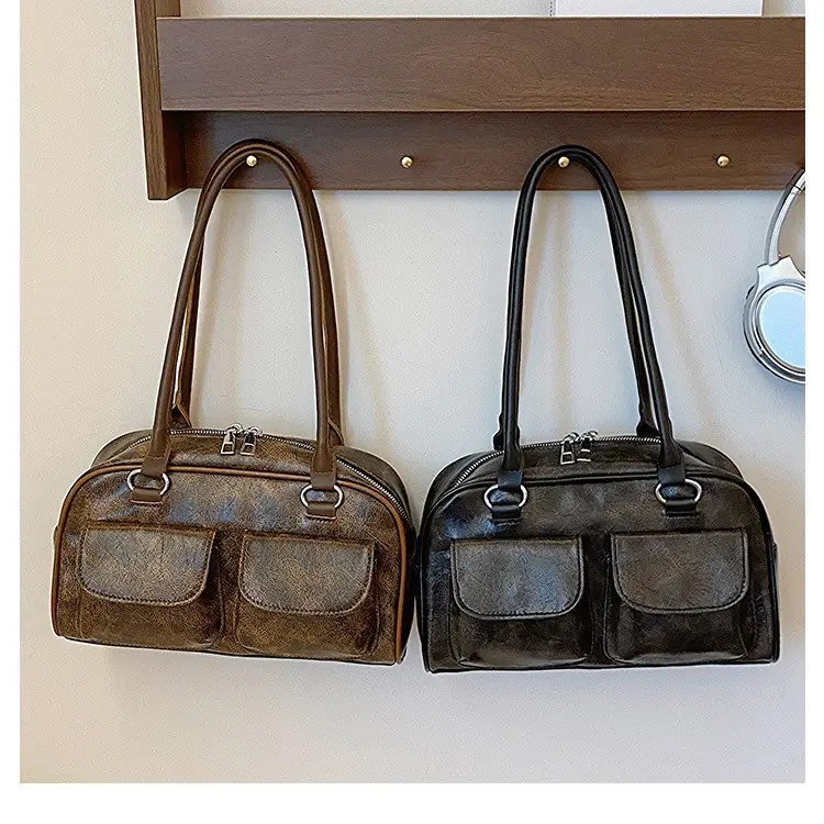 Women's 2-Pocket Shoulder Bag Brown Suede British Style - Image 4