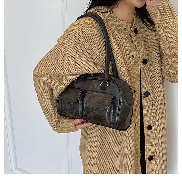 Women's 2-Pocket Shoulder Bag Brown Suede British Style - Image 5