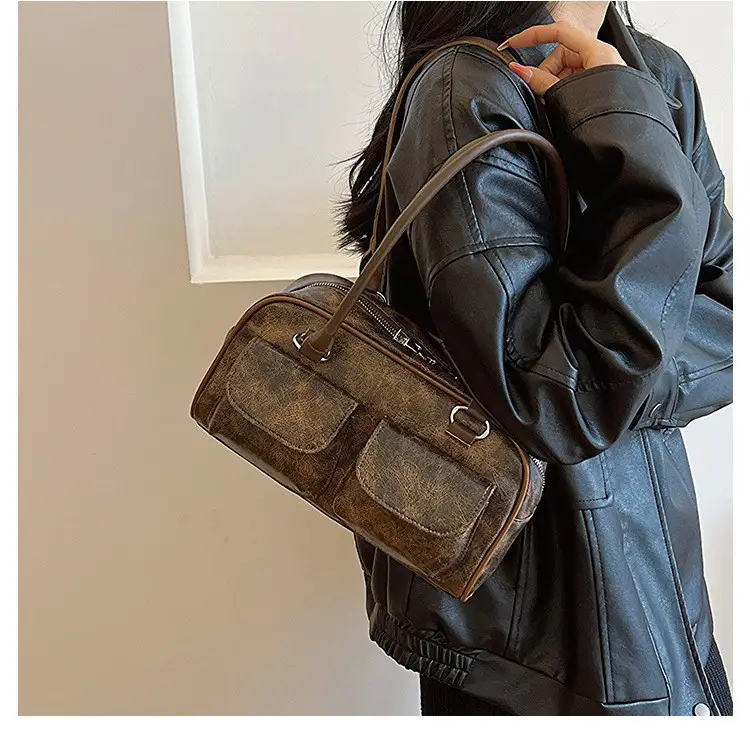 Women's 2-Pocket Shoulder Bag Brown Suede British Style - Image 6