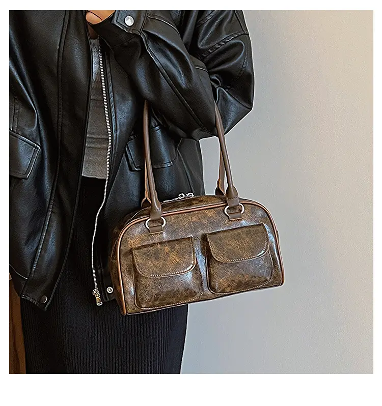 Women's 2-Pocket Shoulder Bag Brown Suede British Style — feature 10