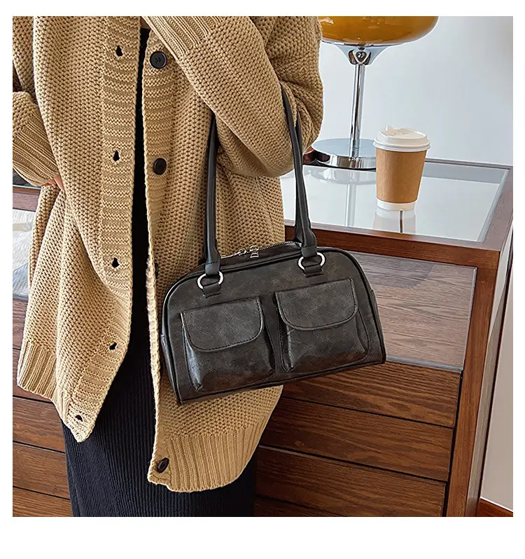 Women's 2-Pocket Shoulder Bag Brown Suede British Style — feature 15