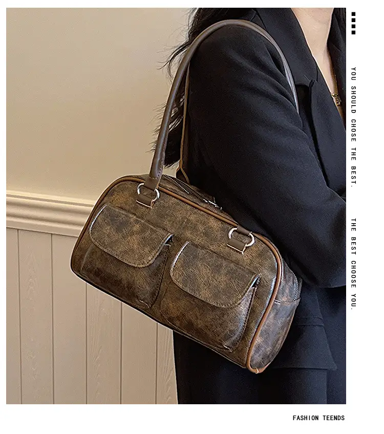 Women's 2-Pocket Shoulder Bag Brown Suede British Style — feature 2