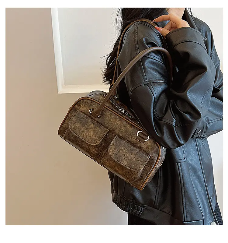 Women's 2-Pocket Shoulder Bag Brown Suede British Style — feature 20