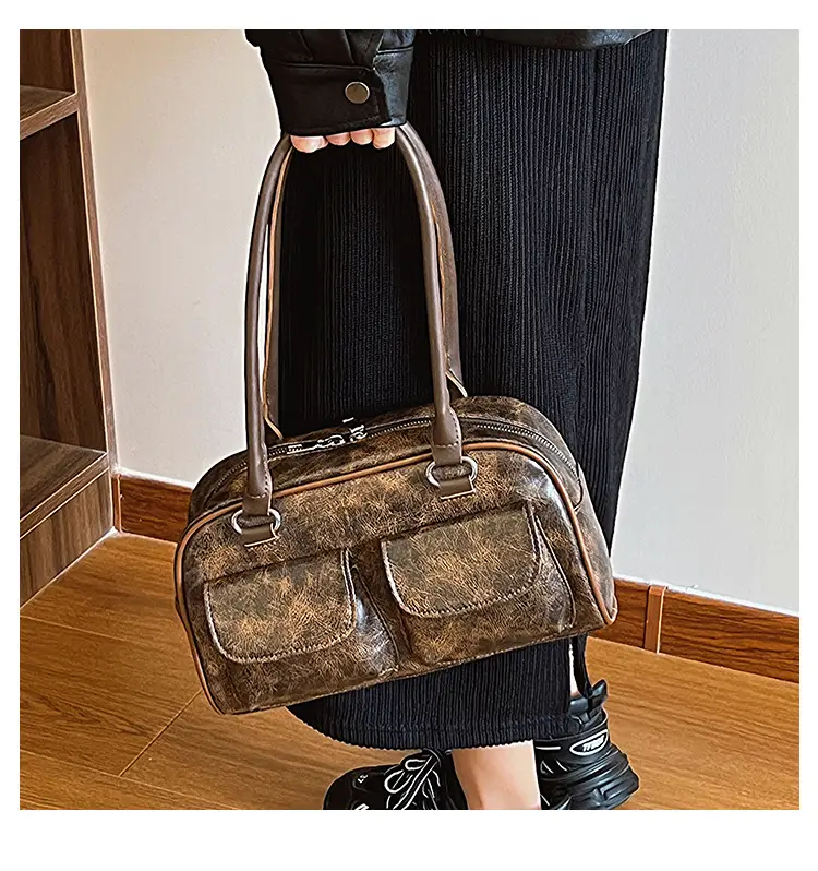 Women's 2-Pocket Shoulder Bag Brown Suede British Style — feature 22