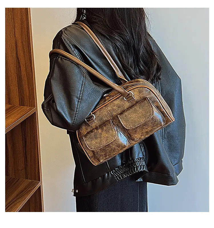 Women's 2-Pocket Shoulder Bag Brown Suede British Style — feature 23