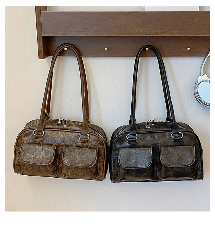 Women's 2-Pocket Shoulder Bag Brown Suede British Style — feature 30