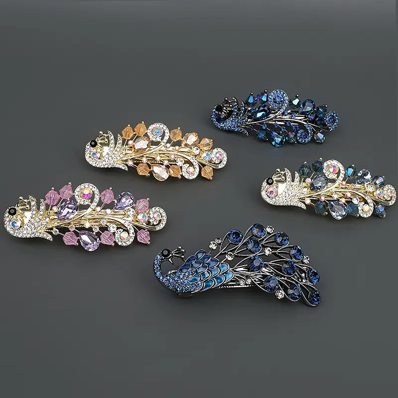Half-Tie Peacock Rhinestone Hair Clip with Adjustable Spring - Image 4