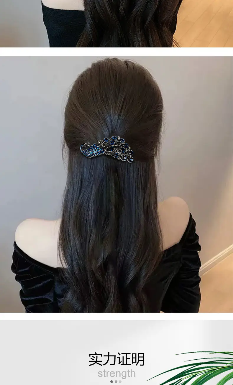 Half-Tie Peacock Rhinestone Hair Clip with Adjustable Spring — feature 10