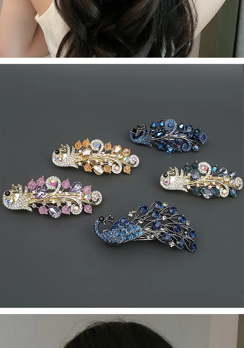Half-Tie Peacock Rhinestone Hair Clip with Adjustable Spring — feature 4