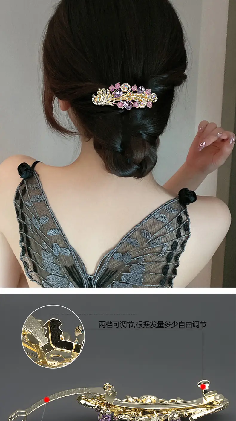 Half-Tie Peacock Rhinestone Hair Clip with Adjustable Spring — feature 5