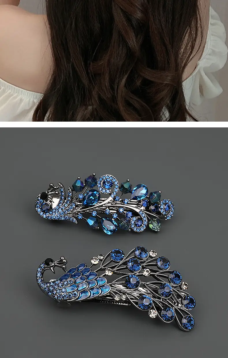 Half-Tie Peacock Rhinestone Hair Clip with Adjustable Spring — feature 7