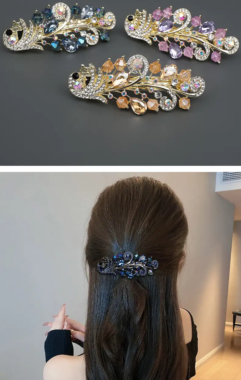 Half-Tie Peacock Rhinestone Hair Clip with Adjustable Spring — feature 9