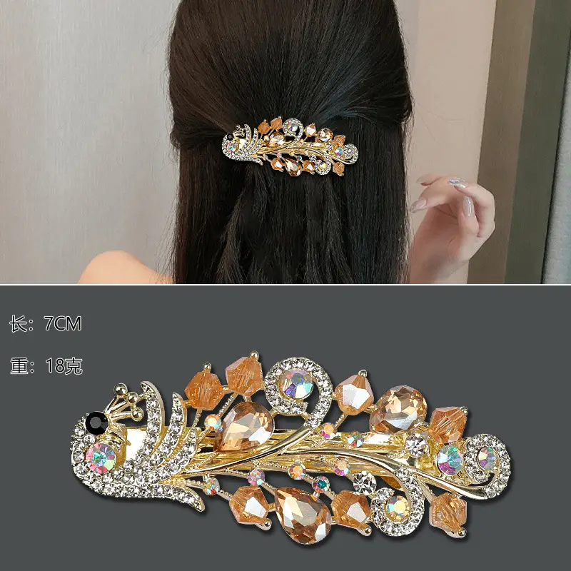 Half-Tie Peacock Rhinestone Hair Clip with Adjustable Spring - Image 2