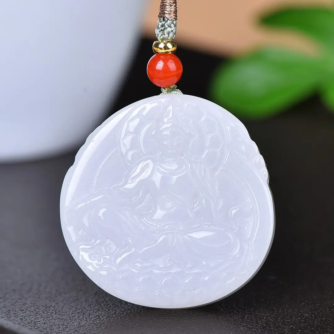 White Gold Jade Guanyin Pendant with Red Stone