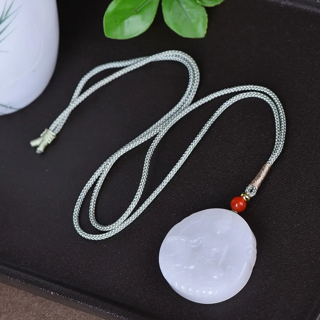 White Gold Jade Guanyin Pendant with Red Stone