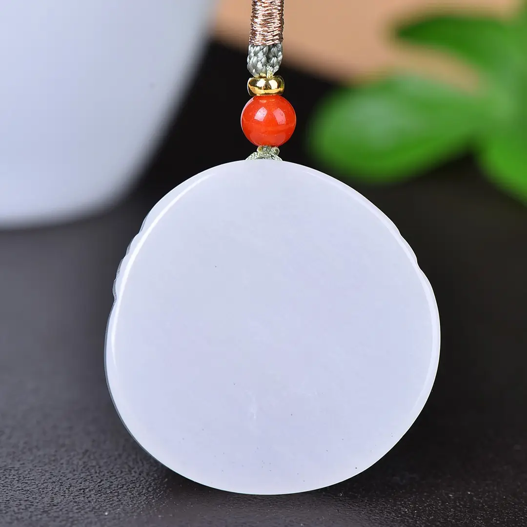 White Gold Jade Guanyin Pendant with Red Stone — feature 6