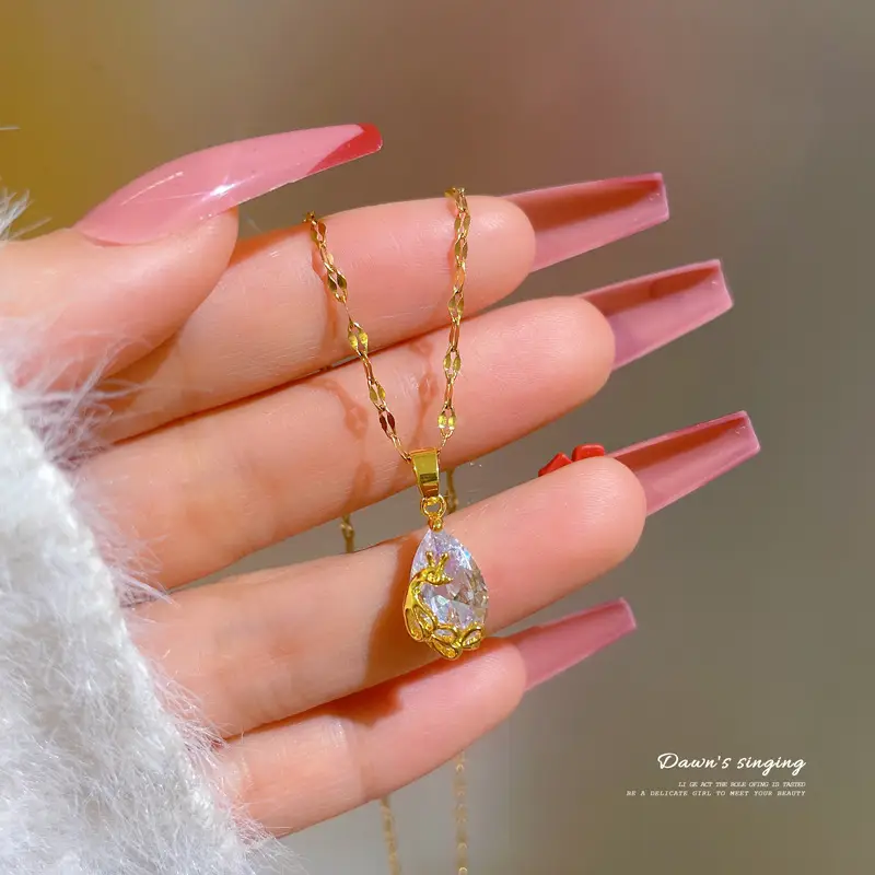 Titanium Necklace with Pink Crystal Pendant for Women - Image 5