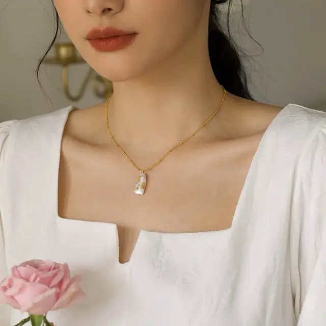 Natural Pearl Clavicle Necklace 14K Gold Plated - Image 2