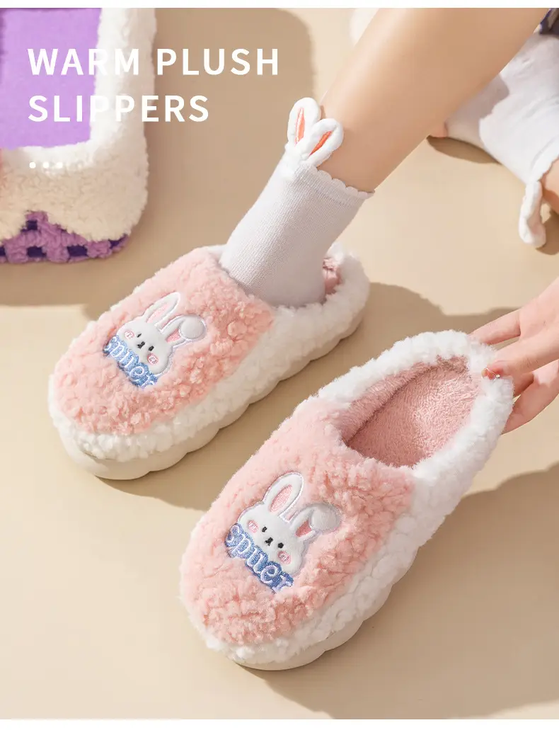 Slip-on cartoon cotton slippers women's autumn and winter indoor home woolen slippers warm lightweight home couple confinement shoes — feature 14
