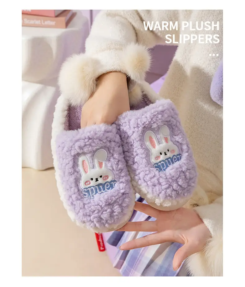 Slip-on cartoon cotton slippers women's autumn and winter indoor home woolen slippers warm lightweight home couple confinement shoes — feature 15