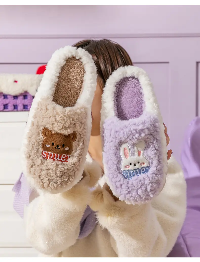 Slip-on cartoon cotton slippers women's autumn and winter indoor home woolen slippers warm lightweight home couple confinement shoes — feature 17