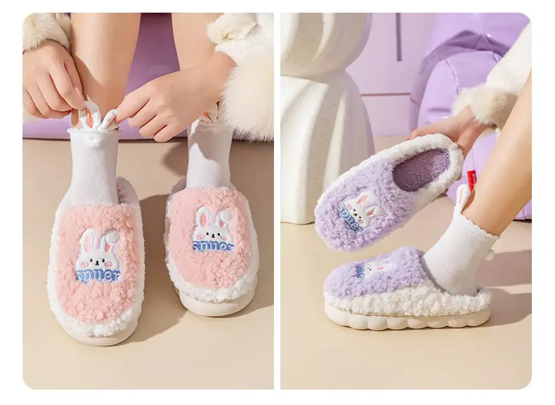 Slip-on cartoon cotton slippers women's autumn and winter indoor home woolen slippers warm lightweight home couple confinement shoes — feature 19