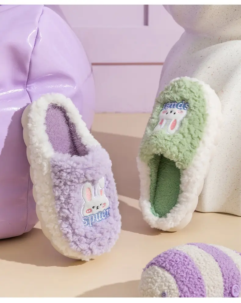Slip-on cartoon cotton slippers women's autumn and winter indoor home woolen slippers warm lightweight home couple confinement shoes — feature 20