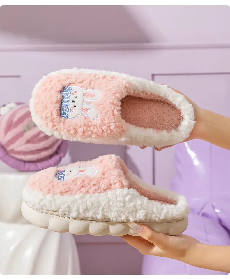 Slip-on cartoon cotton slippers women's autumn and winter indoor home woolen slippers warm lightweight home couple confinement shoes — feature 22