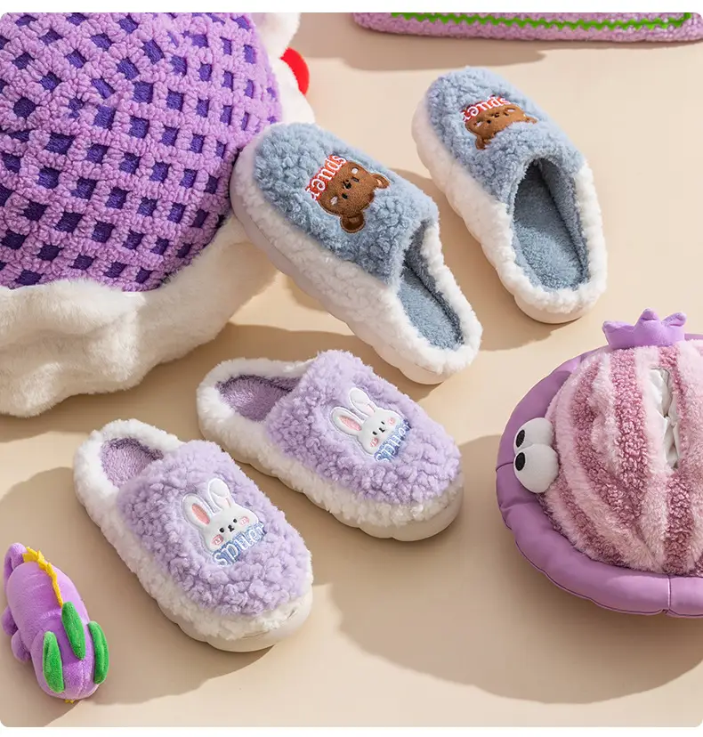Slip-on cartoon cotton slippers women's autumn and winter indoor home woolen slippers warm lightweight home couple confinement shoes — feature 23